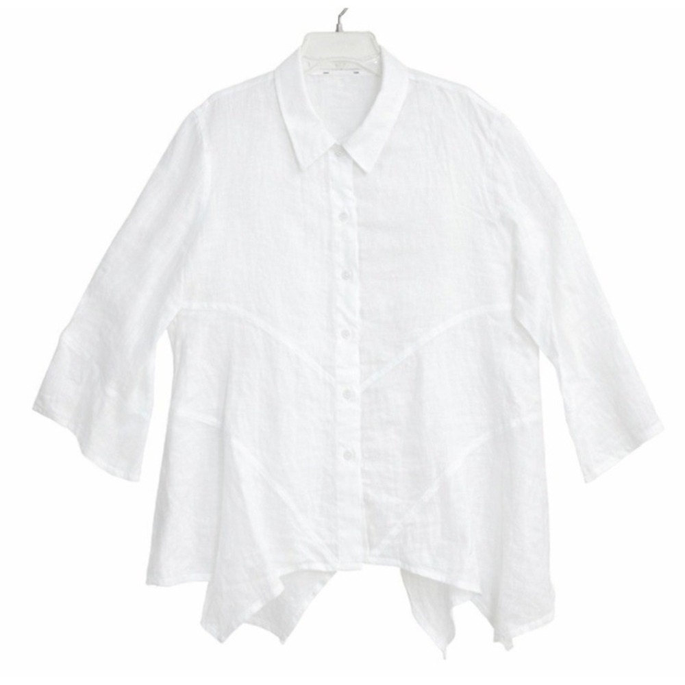 100% Linen Button Down Shirt Womens White Sharkbite Hem 3/4 Sleeve EUC - Picture 4 of 8